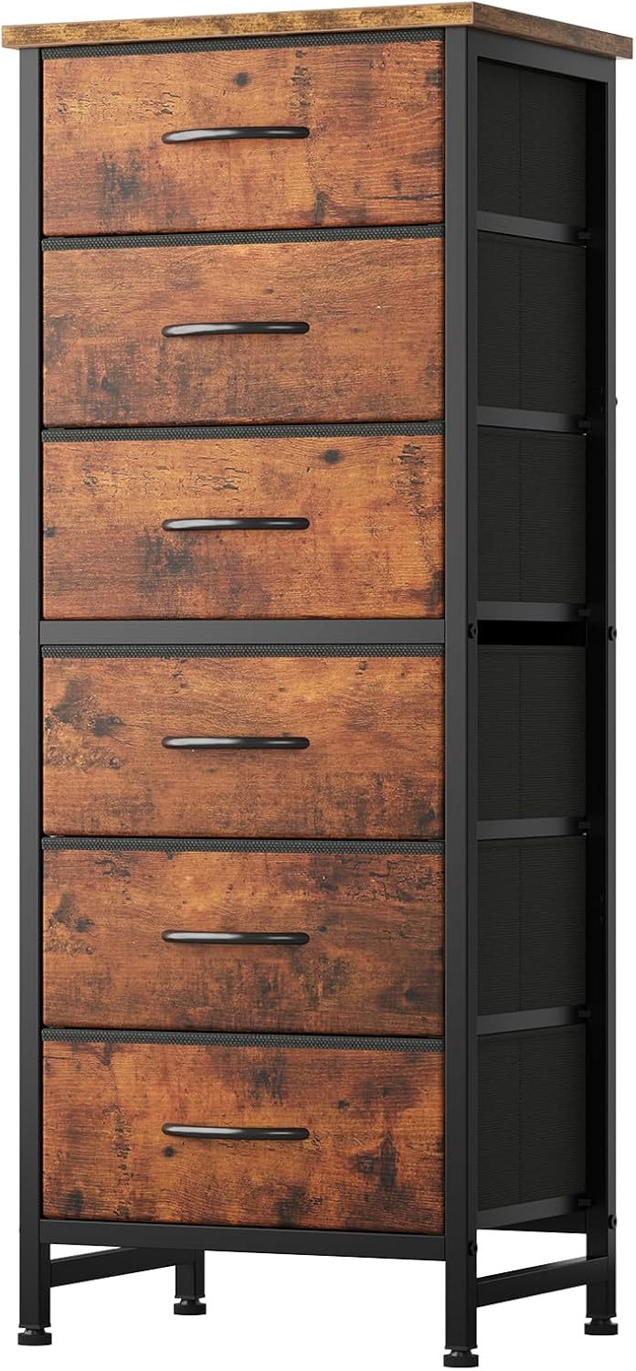Sweetcrispy - Cómoda de Tela Alta para recámara, cómoda Delgada de 6 cajones, Torre de Almacenamiento Estrecha con Tapa de Madera y Marco de Metal, mesita de Noche Vertical para clóset, Muebles de