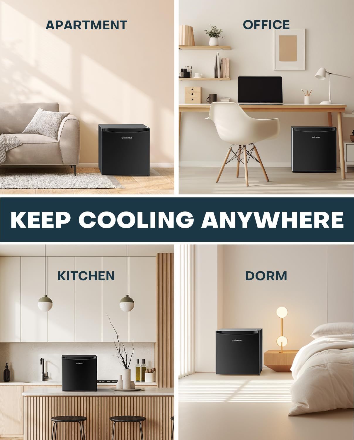 Upstreman Mini refrigerador con congelador de 1.7 pies cúbicos, termostato ajustable, ahorro de energía, bajo ruido, refrigerador compacto de una sola puerta para recámara, oficina, recámara, negro-FR17
