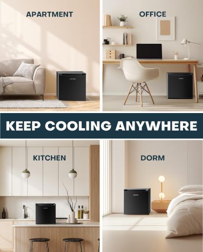 Upstreman Mini refrigerador con congelador de 1.7 pies cúbicos, termostato ajustable, ahorro de energía, bajo ruido, refrigerador compacto de una sola puerta para recámara, oficina, recámara, negro-FR17