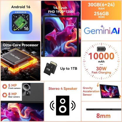 URAO Tablet Android 15, 14 pulgadas 30 GB RAM, 256 GB ROM, 1920 x 1200 IPS FHD, 10000 mAh, carga rápida de 30 W, procesador Octa-Core, Wi-Fi 6, BT 5.4,...