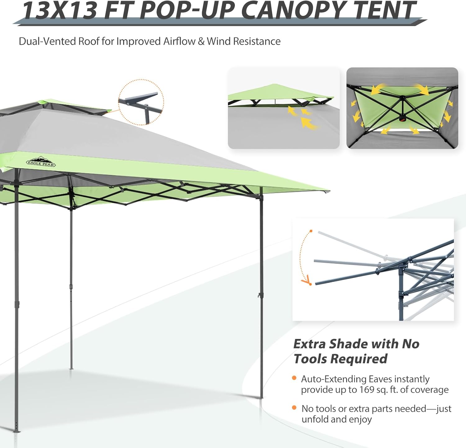 EAGLE PEAK - Toldo desplegable de pierna recta de 13 x 13 pulgadas, toldo instantáneo para exteriores, fácil instalación para una sola persona, refugio plegable con aleros de extensión automática, 169 pies cuadrados de sombra (gris)