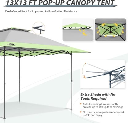 EAGLE PEAK - Toldo desplegable de pierna recta de 13 x 13 pulgadas, toldo instantáneo para exteriores, fácil instalación para una sola persona, refugio plegable con aleros de extensión automática, 169 pies cuadrados de sombra (gris)