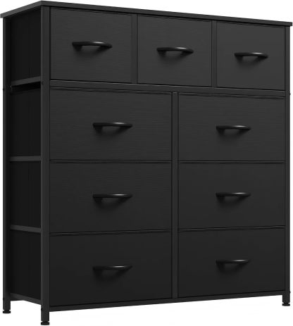 BRO A SIS Cómoda Alta de 9 Cajones para Recámara y Closet, Mueble Organizador de Ropa y Juguetero para Bebé, Cajonera de Tela con Estante de Madera, Torre de Almacenamiento Vertical (Blanco)