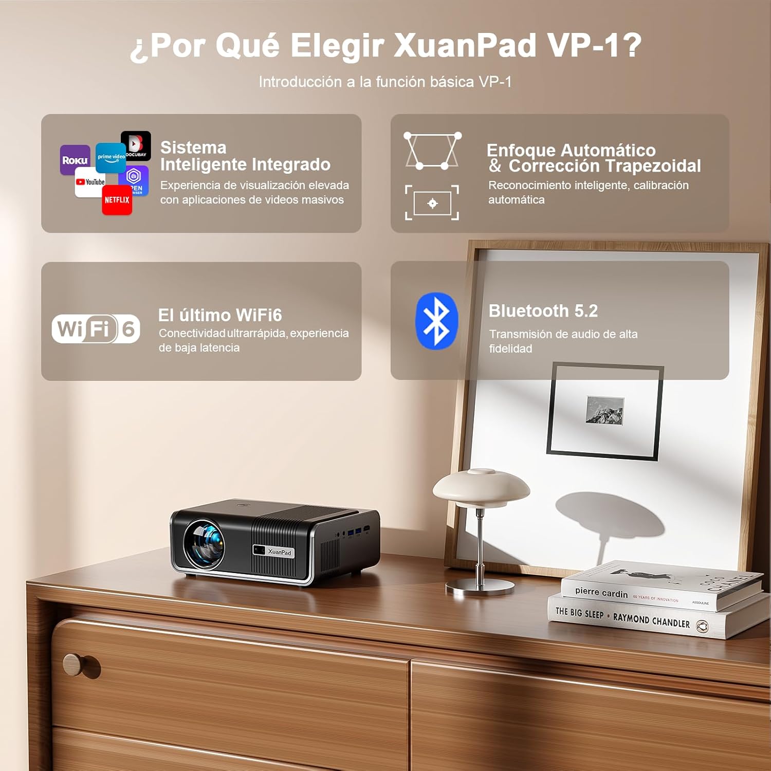 【AI Auto Focus & Keystone】 Proyector 4K Soporte, XuanPad Proyector Bluetooth WiFi6, 26000L 1080P Proyector Portatil Inteligente, Proyector para Cine en Casa con trípode para iOS/Android/TV Stick