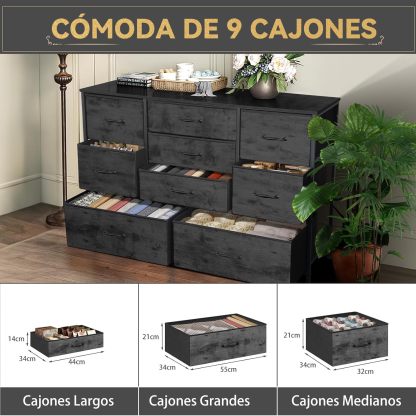 FURRIFIC Cómoda Gran Capacidad de 9 Cajones,115 * 75 * 35cm,Cajonera para Recamara,Ropa,Hogar Y Oficina,Organizador Cajonera de Estructura Metal con Cajones de Tela en 3 Tamaños