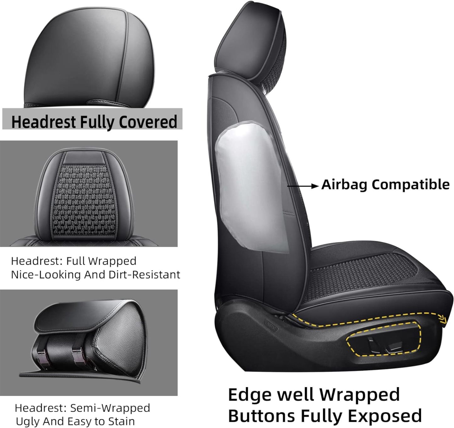 hikeaglauto Juego completo de fundas de asiento de coche, de piel sintética para autos, SUV, súper transpirables, universales, para la mayoría de los sedanes (juego completo, negro)