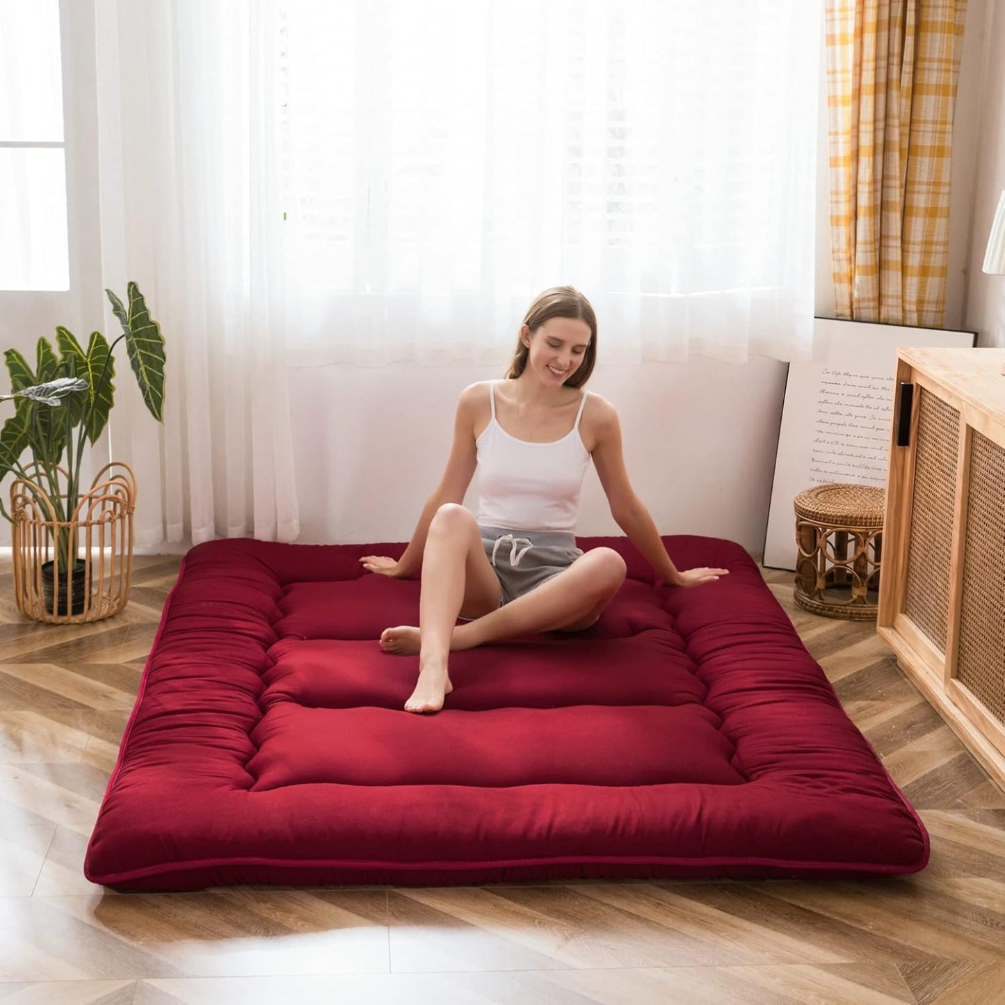 MAXYOYO - Puf plegable para sofá, cama, colchón de piso para adultos, extra grueso, 6 pliegues, sofá para recámara, sala de estar, beige, 135 x 240 cm