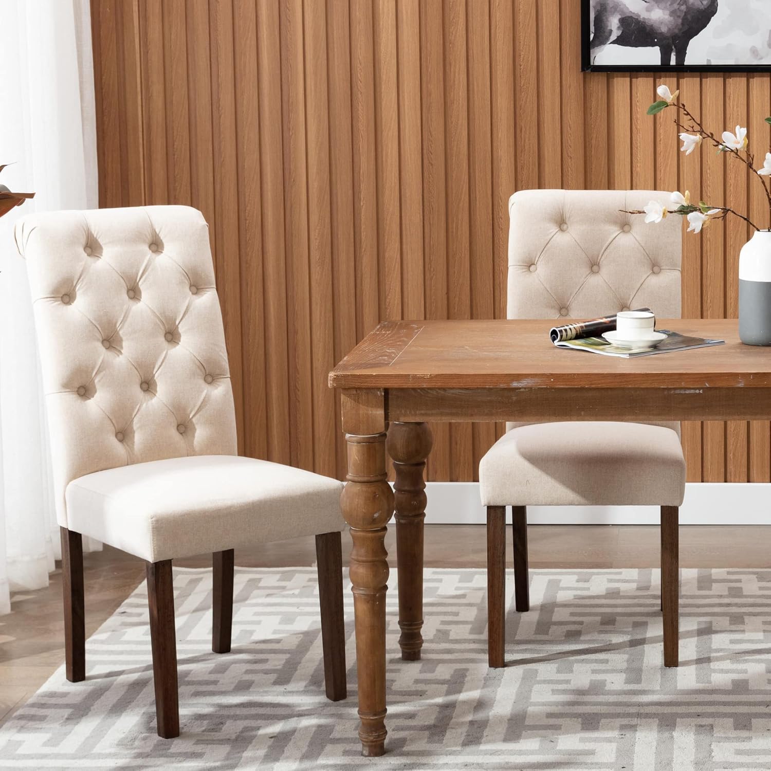 COLAMY - Juego de 6 sillas de Comedor con Botones y tapizadas, con Patas de Madera Maciza y Asiento Acolchado para Comedor, Cocina, Color Gris