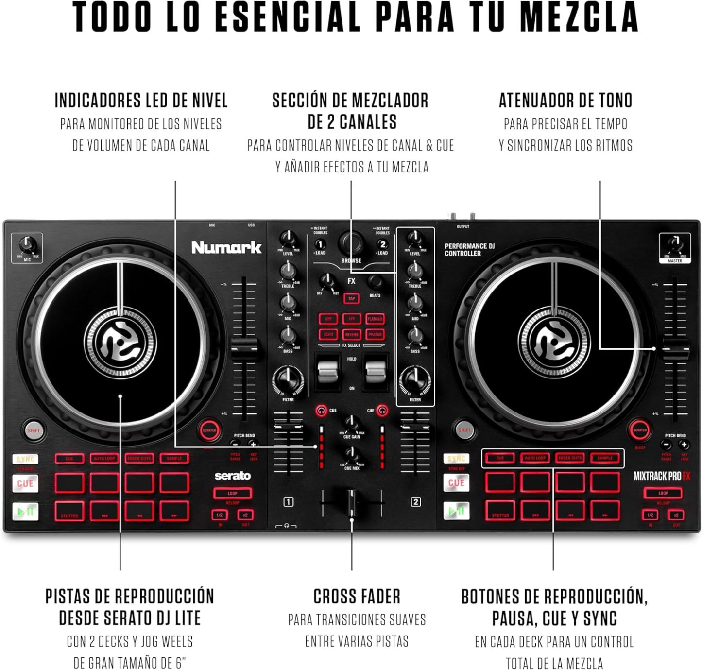 Numark Mixtrack Platinum FX Controlador DJ Para Serato DJ Con Control de 4 Secciones, Mezclador DJ, Interfaz de Audio Incorporada, Pantallas en Las Ruedas de Selección y Paletas de Efectos