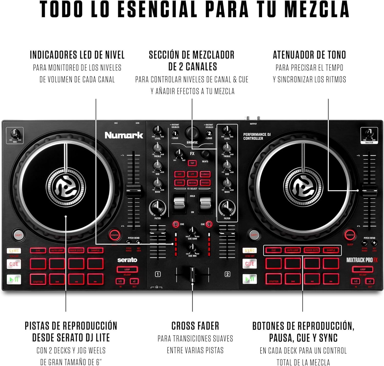 Numark Mixtrack Platinum FX Controlador DJ Para Serato DJ Con Control de 4 Secciones, Mezclador DJ, Interfaz de Audio Incorporada, Pantallas en Las Ruedas de Selección y Paletas de Efectos