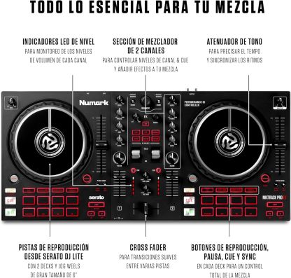 Numark Mixtrack Platinum FX Controlador DJ Para Serato DJ Con Control de 4 Secciones, Mezclador DJ, Interfaz de Audio Incorporada, Pantallas en Las Ruedas de Selección y Paletas de Efectos