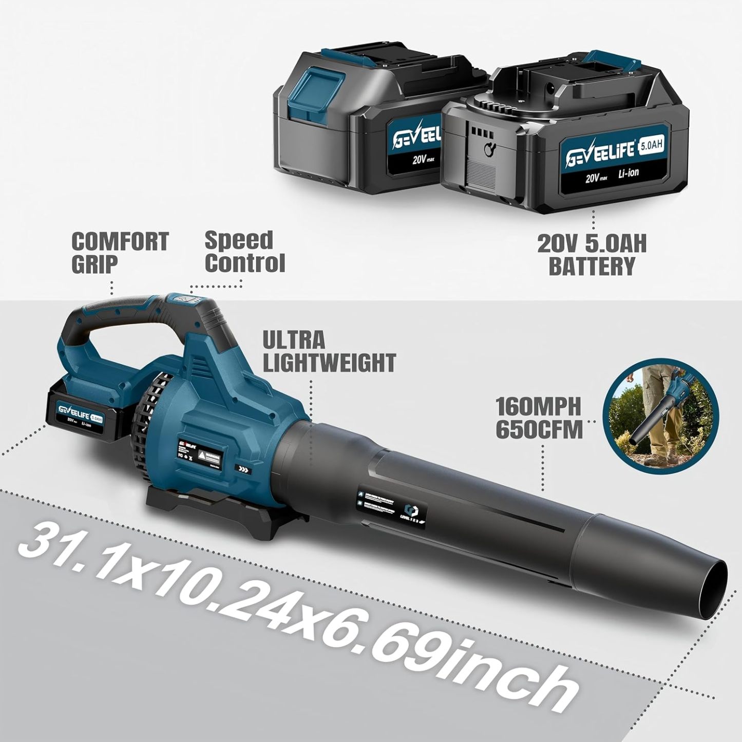 GEVEELIFE - Soplador de hojas sin cable, 650 CFM y 3 niveles de velocidad, soplador eléctrico inalámbrico de hojas con 2 pilas de 5.0 Ah, sopladores para cuidado del césped, patio, hojas de soplado