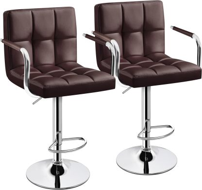 Juego de 2 taburetes de Bar giratorios Ajustables de Piel sintética, sillas hidráulicas de Barra con reposabrazos y Respaldo para Bar, Cocina, Comedor, Color Blanco