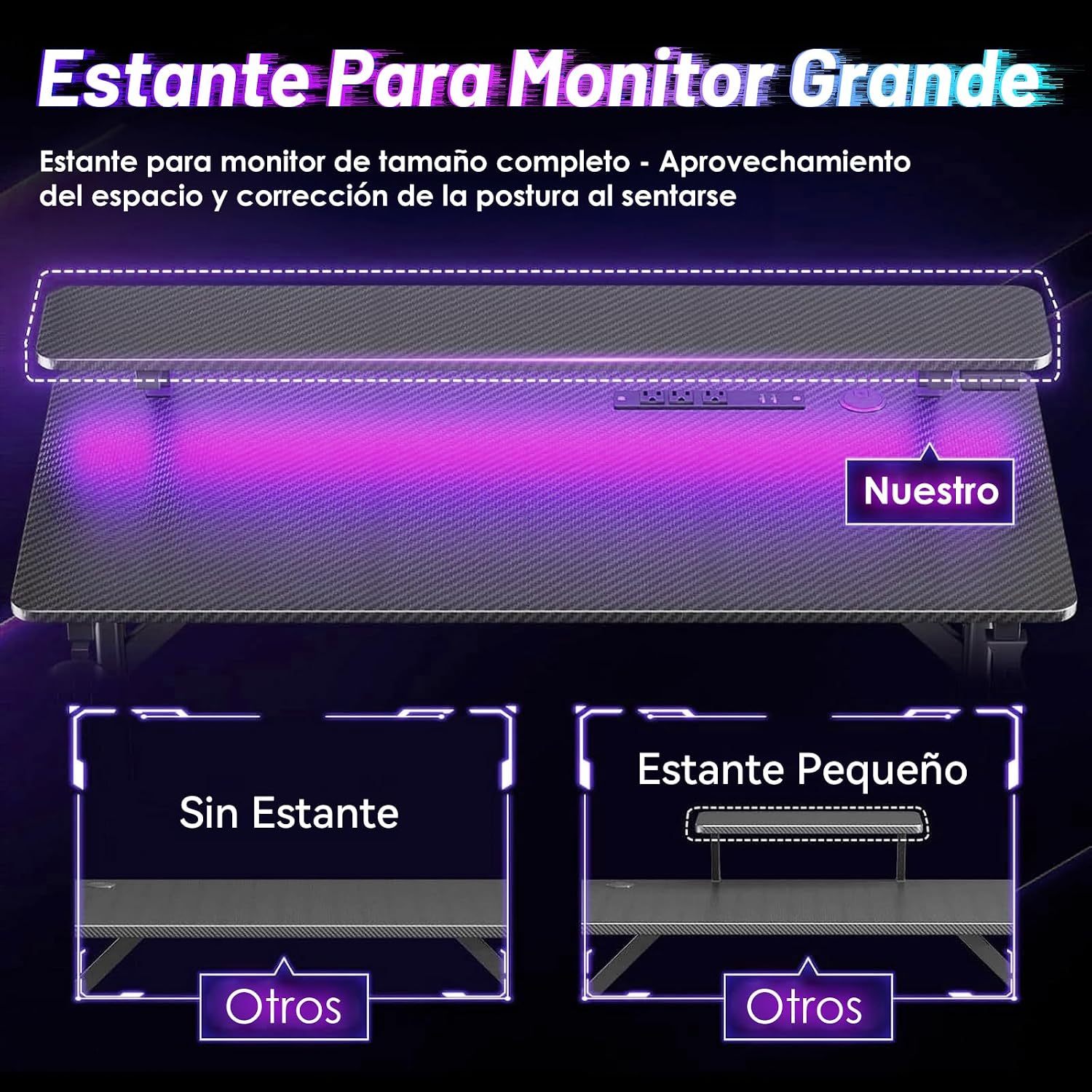 🎧SAFONUS Escritorio Gamer RGB 1M con Luces LED, Soporte para Monitor | 🎮Enchufes Integrados, Gancho para Audífonos, Superficie de Fibra de Carbono Impermeable, Mesa para PC Gaming Negra