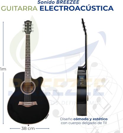 BREEZEE Guitarra Electroacústica de 40” Diseñada sobre Abeto, Merbau, Okume y Palisandro. Acabado de Barniz en Pulverización, Incluye Set de Accesorios Completo para Principiante