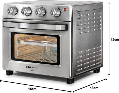 Horno Freidora de Aire Koblenz de 25 Litros, 7 en 1 Fríe sin Aceite, Asa, Gratina, Dora, Tuesta, Calienta, Rostiza, 7 accesorios, 1400 W, Control con Perilla, acero inoxidable (HFKM-1400 IN)