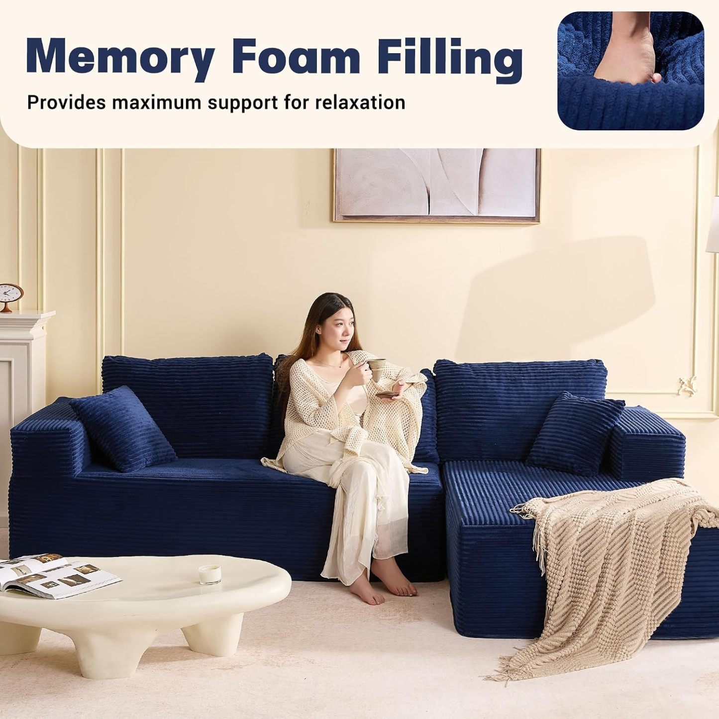 🛋️ Afuson Sofá Modular Seccional en Forma L de 107 Pulgadas, Asiento Profundo, Tapicería de Pana, Sin Montaje, Diseño Deshuesado para Sala de Estar
