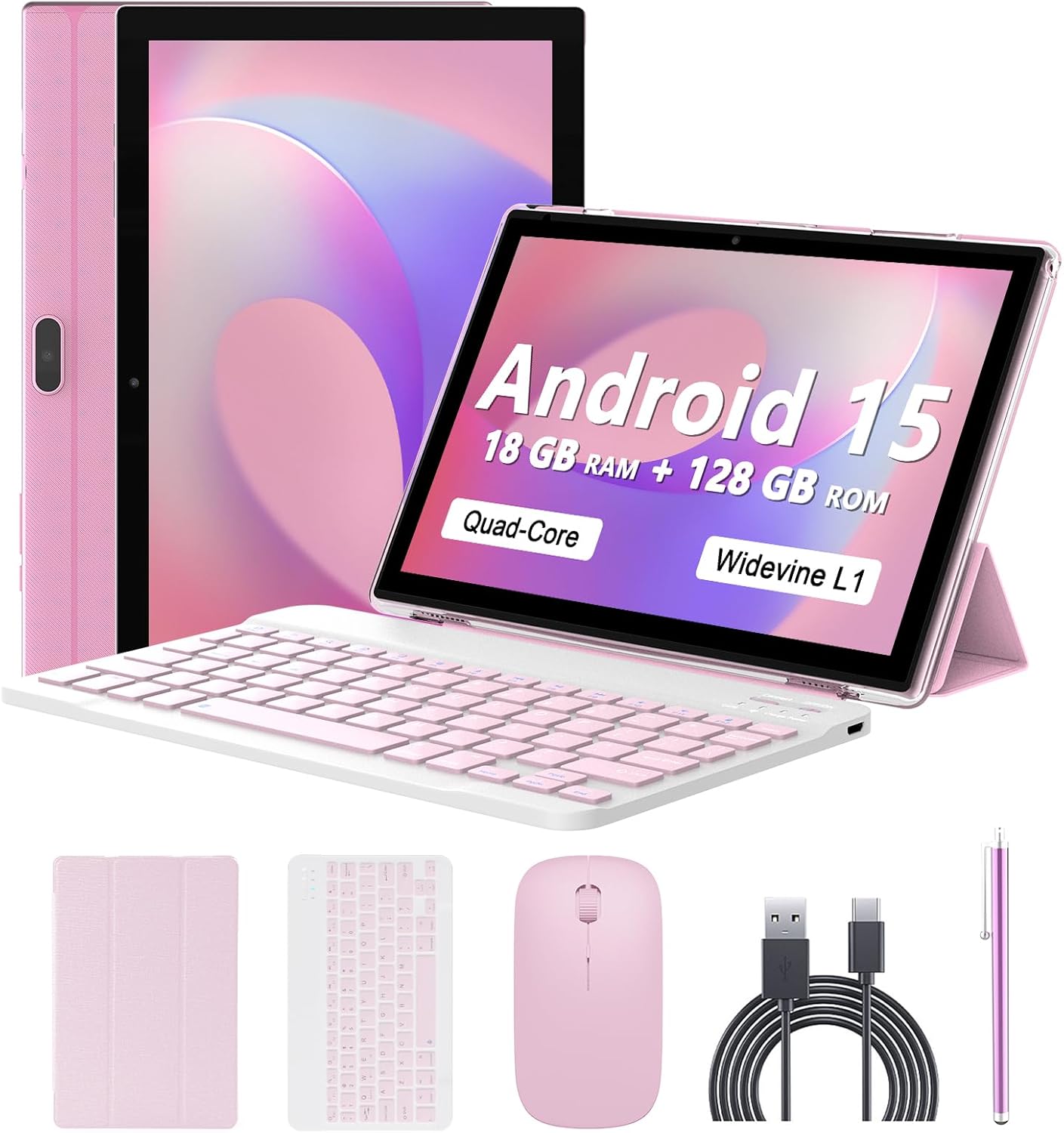 Tablet Android 15 de 10 pulgadas, 18 GB de RAM+128 GB de ROM/2 TB expandible, tabletas 2 en 1 con funda de teclado, lápiz capacitivo de mouse, procesador de cuatro núcleos de 2.0 GHz, visualización