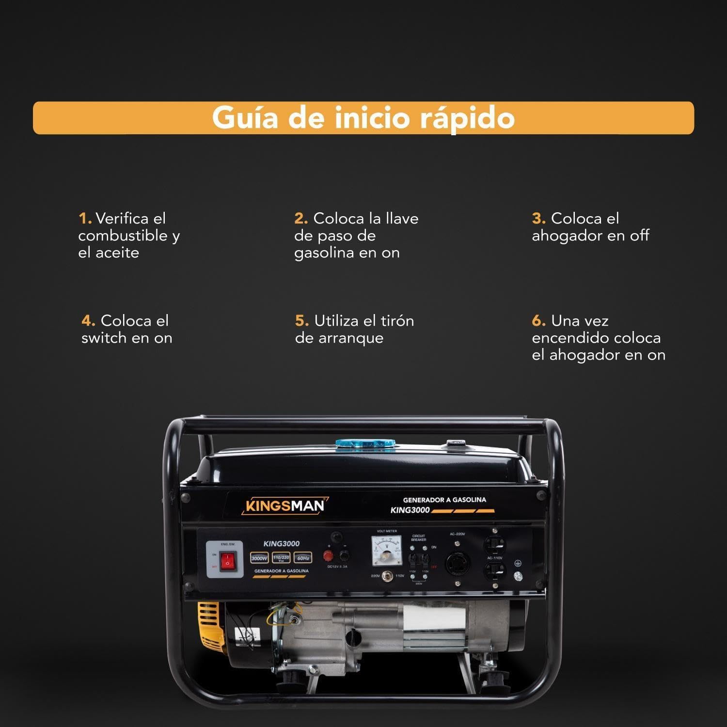 KINGSMAN | Generador Portátil de Energía a Gasolina 3000W - Motor 1 Cilindro 4 Tiempos - Estación de Energía 110/220V - 60Hz - 15L Tanque de Combustible