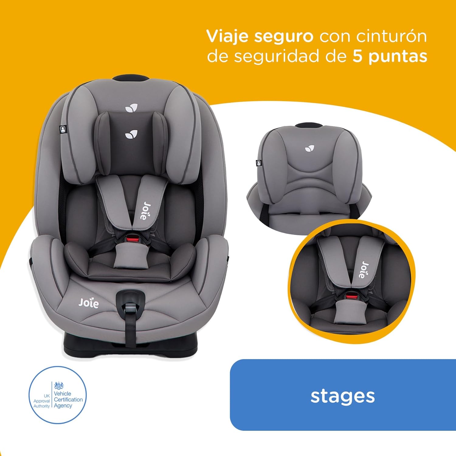 Joie Stages Autoasientos para Bebe - Asiento para Bebe Carro - Grow Together hasta 8 Años - Reversibe - Sistema contra Impactos Lateralesy de Reclinado - Booster Car Seat - Silla para Bebé Auto (Gris)