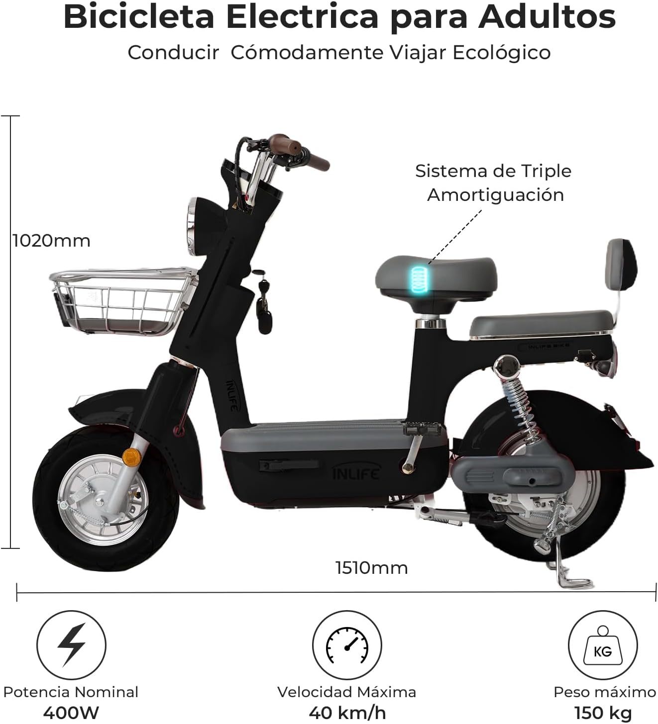 400W Bicicleta Eléctrica Potente, Bicicleta Electrica para Adultos de 40km/h, Rango de 60-70km Eike, Batería de Plomo de 48V/20Ah, Perfecto para Carreteras y Desplazamientos Diarios