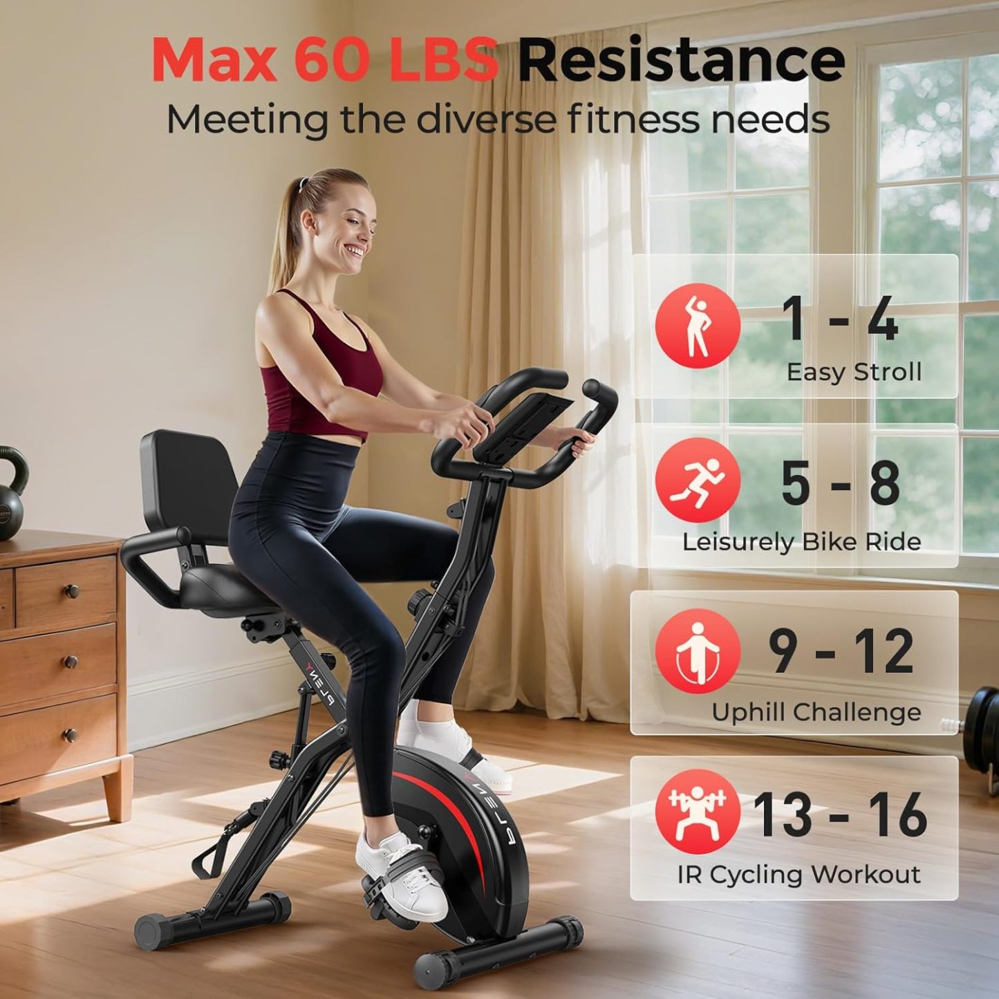 Pleny Folding Exercise Bike, 5 IN 1 Stationary Bike 5.5 LBS Flywheel Exercise Bike, Indoor Workout Bike 330LB Weight Capacity Back Support Cushion for Home Gym Workout