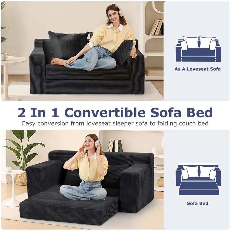 Sofá Cama Convertible 3 en 1 Winzoo Modelo de Suelo: Sillón Extragrande, Sofá 2 Plazas, Chaise Longue Plegable Futón, Incluye 4 Cojines para Sala