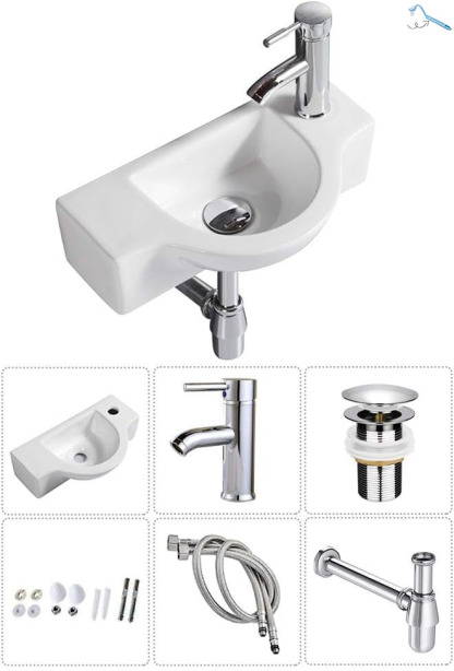 Fregadero de baño de cerámica blanca, fregadero esquinero pequeño montado en la pared (fregadero con grifo y desagüe) -----Cepillo de limpieza