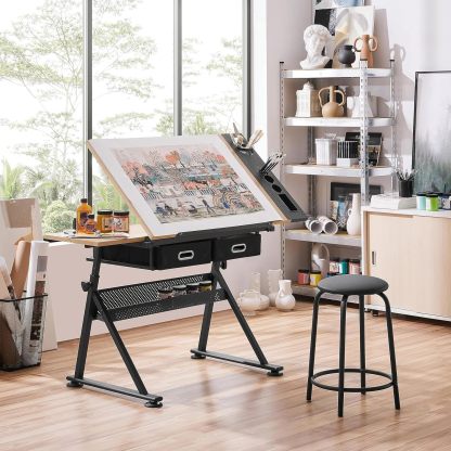 Yaheetech - computadora de arte blanco ajustable en altura para adultos, mesa inclinable de dibujo con computadora extragrande y cajones, juego de mesa y silla plegable para manualidades con taburetes