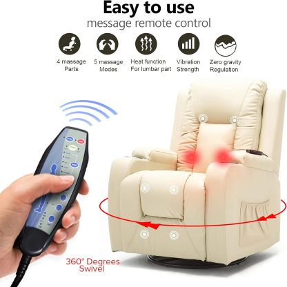 COMHOMA - Silla reclinable de Piel con calefacción y Masaje ergonómico Giratorio de 360 Grados, Soporte para Bebidas para sofá Individual, Silla de Sala de Estar, Color Negro