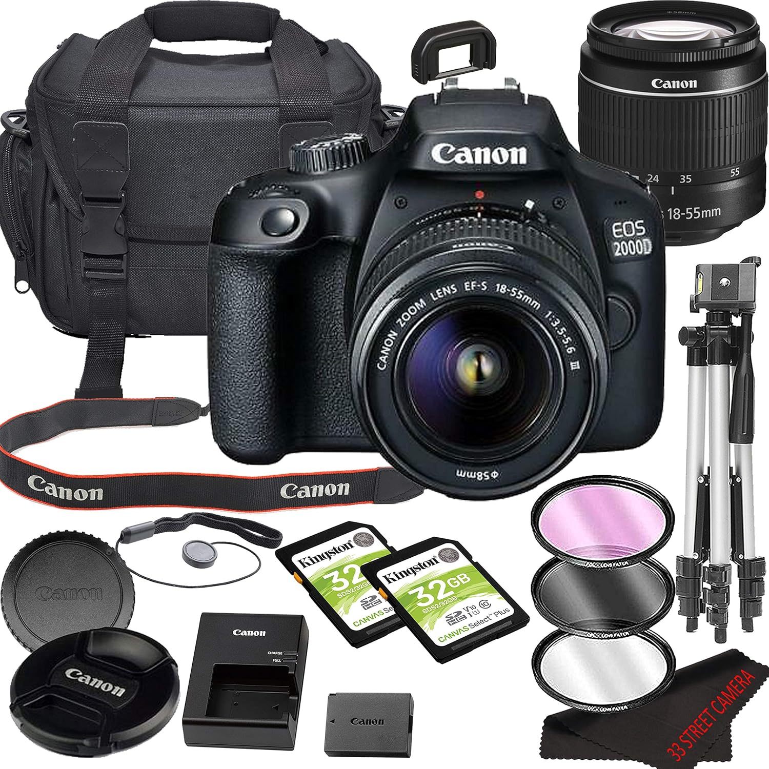 Canon EOS 2000D (Rebel T7) Paquete de cámara réflex digital con lente de 18-55 mm | Wi-Fi incorporado, sensor CMOS de 24.1 MP | Procesador de imagen DIGIC 4+ y videos Full HD + memoria de 64 GB (17