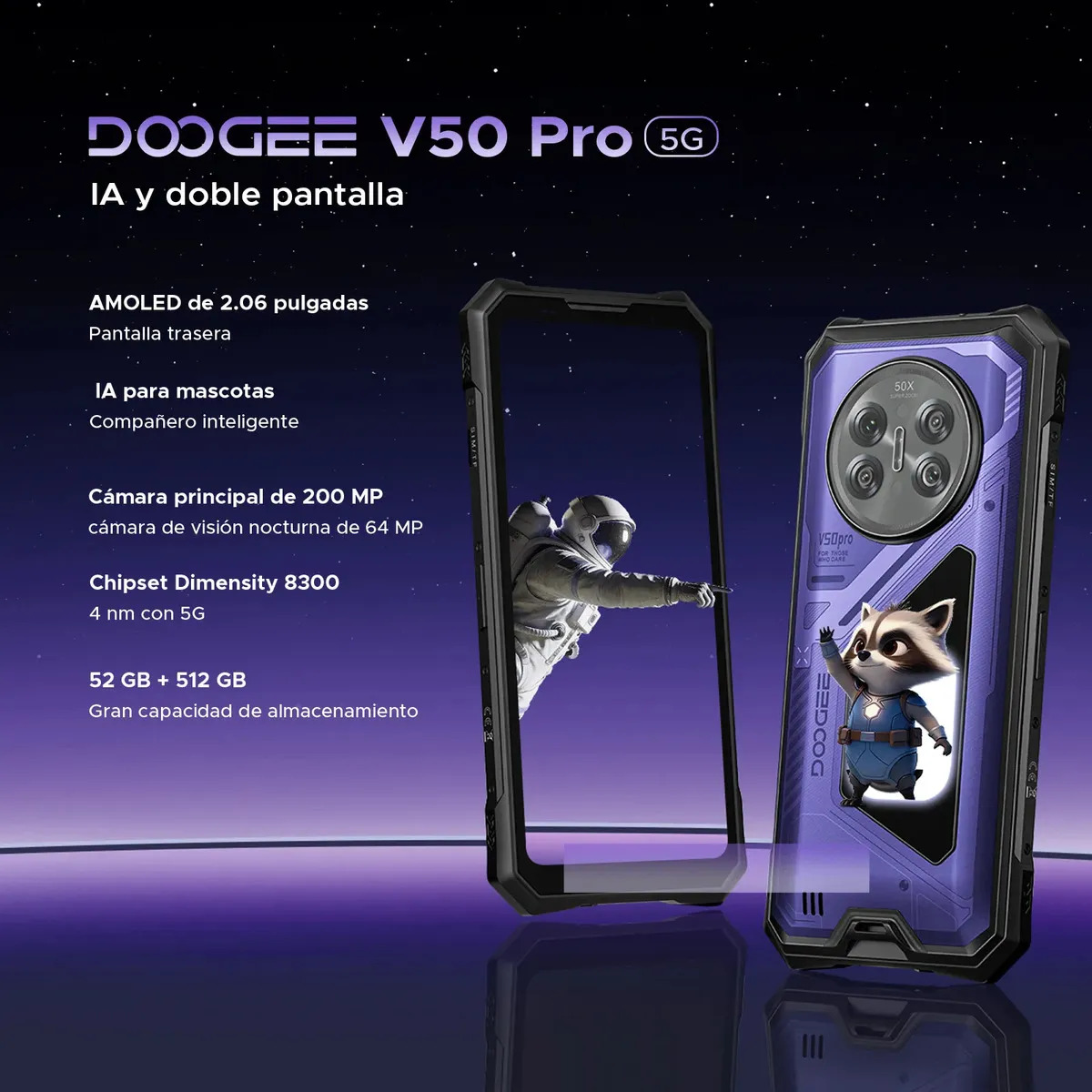 🛡️Doogee V50 Pro Celular Resistente 5G, Android16, RAM ampliable hasta 52GB + 512GB, Cámara AI 200MP, Batería 11000mAh, Pantalla Trasera AMOLED 2.06", IP68, NFC, Radio Walkie-talkie, Doble SIM