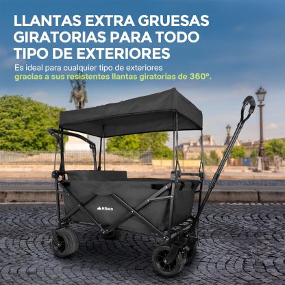 Hikeo Carrito Plegable Portátil y Carriola para Exteriores hasta 70 Kg, Ruedas 360° Todo Terreno con Freno, Incluye Toldo y Cesta de Tela, para Niños y Mascotas, Carretilla Wagon Vagón con Funda