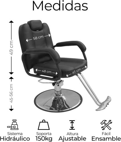 Raganet, Silla Hidráulica y Reclinable para Peluquerías, Salones, Barberías y Spas, Cuero Sintético Color Negro, Sillón Giratorio 360º, Medidas: 90cm Largo X 57cm Ancho X 105cm Alto