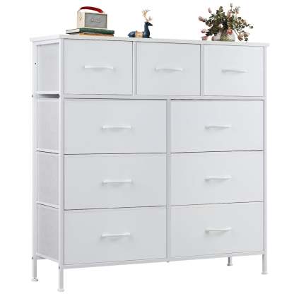 Yanming Cómoda de Tela con 9 cajones, Estructura de Acero y Tapa de Madera para Dormitorio, Armario, Entrada