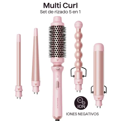 5 en 1 Ceramic Curling Wand, Rizador de Pelo de calentamiento rápido de 1/2 a 1 1/2 pulgadas y Cepillo Térmico, Rizadora para Cabello de Doble Voltaje, Oro Rosa