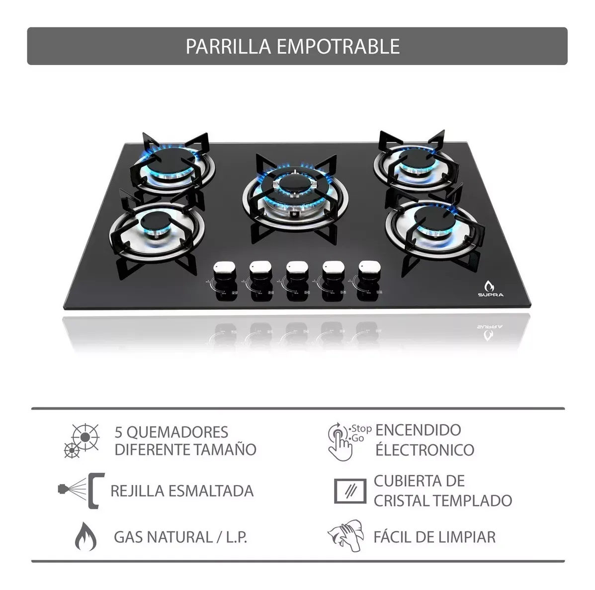 Combo Supra Parrilla Empotrable A Gas Y Campana De Pared Color Negro