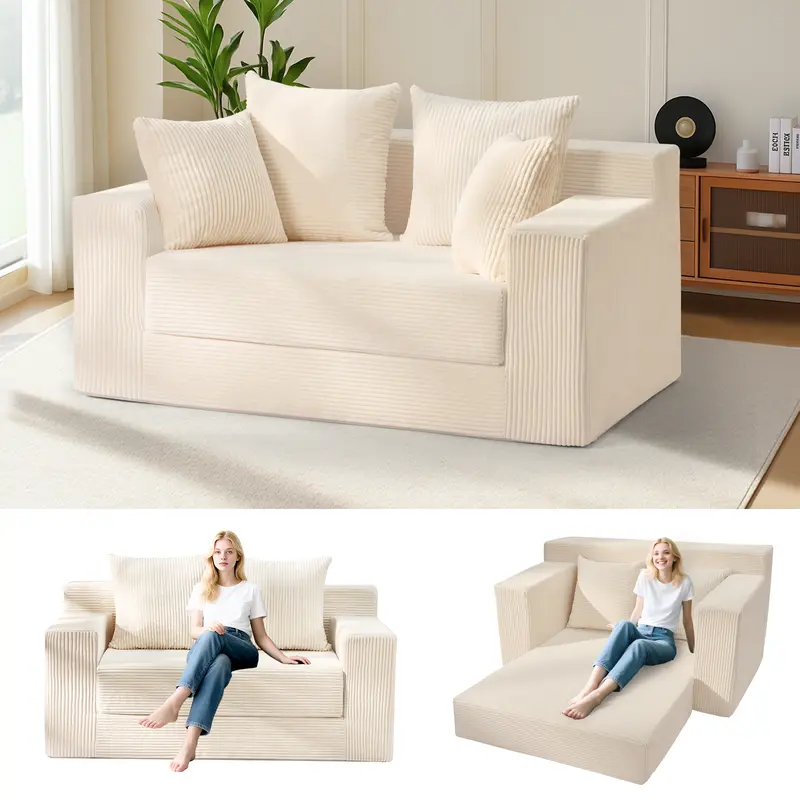Sofá Cama Convertible 3 en 1 Winzoo Modelo de Suelo: Sillón Extragrande, Sofá 2 Plazas, Chaise Longue Plegable Futón, Incluye 4 Cojines para Sala