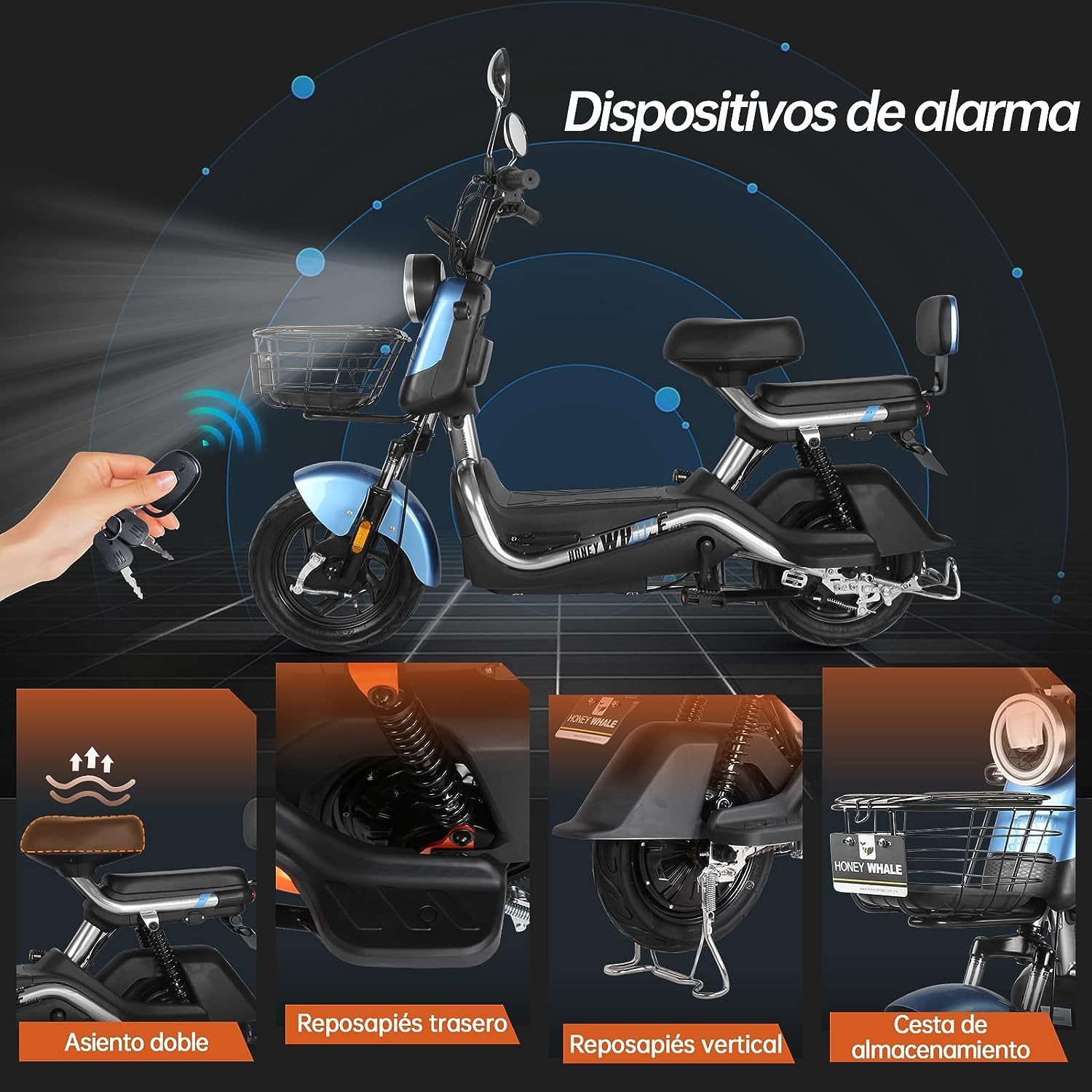 HONEYWHALE U3s Bicicleta Electrica para Adultos, Bicimoto Eléctrica con Alarma, Máxima del Motor 650W, Velocidad Máxima 31KM/H, Autonomía 55-60KM, Baterías de Gran Capacidad de 20AH, Dos Asientos