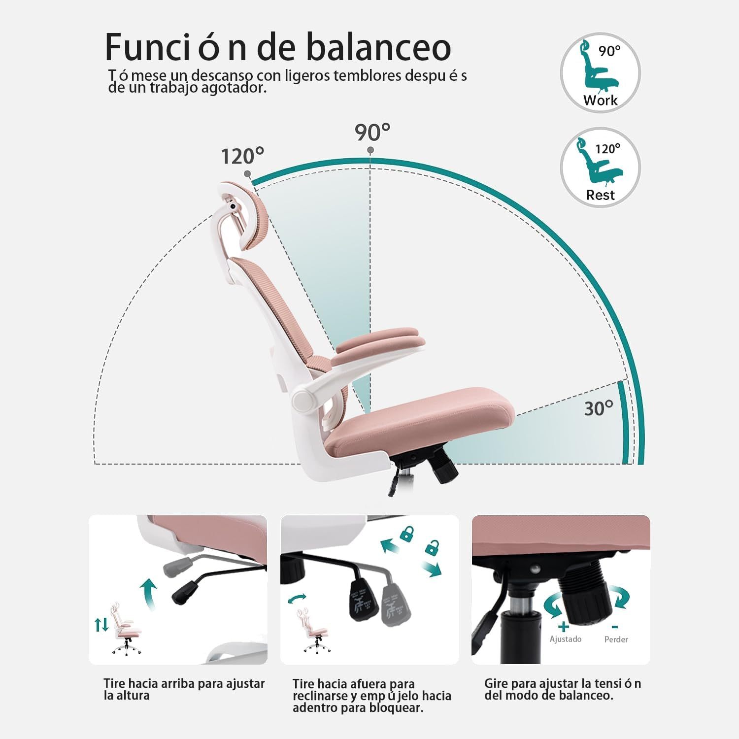 HOMEMAKE FURNITURE Silla Oficina ergonómica de Respaldo Alto con Soporte Lumbar Ajustable Altura reclinable descansabrazos Ajustables Silla Gamer sillas para Escritorio Silla ergonomica Rosa