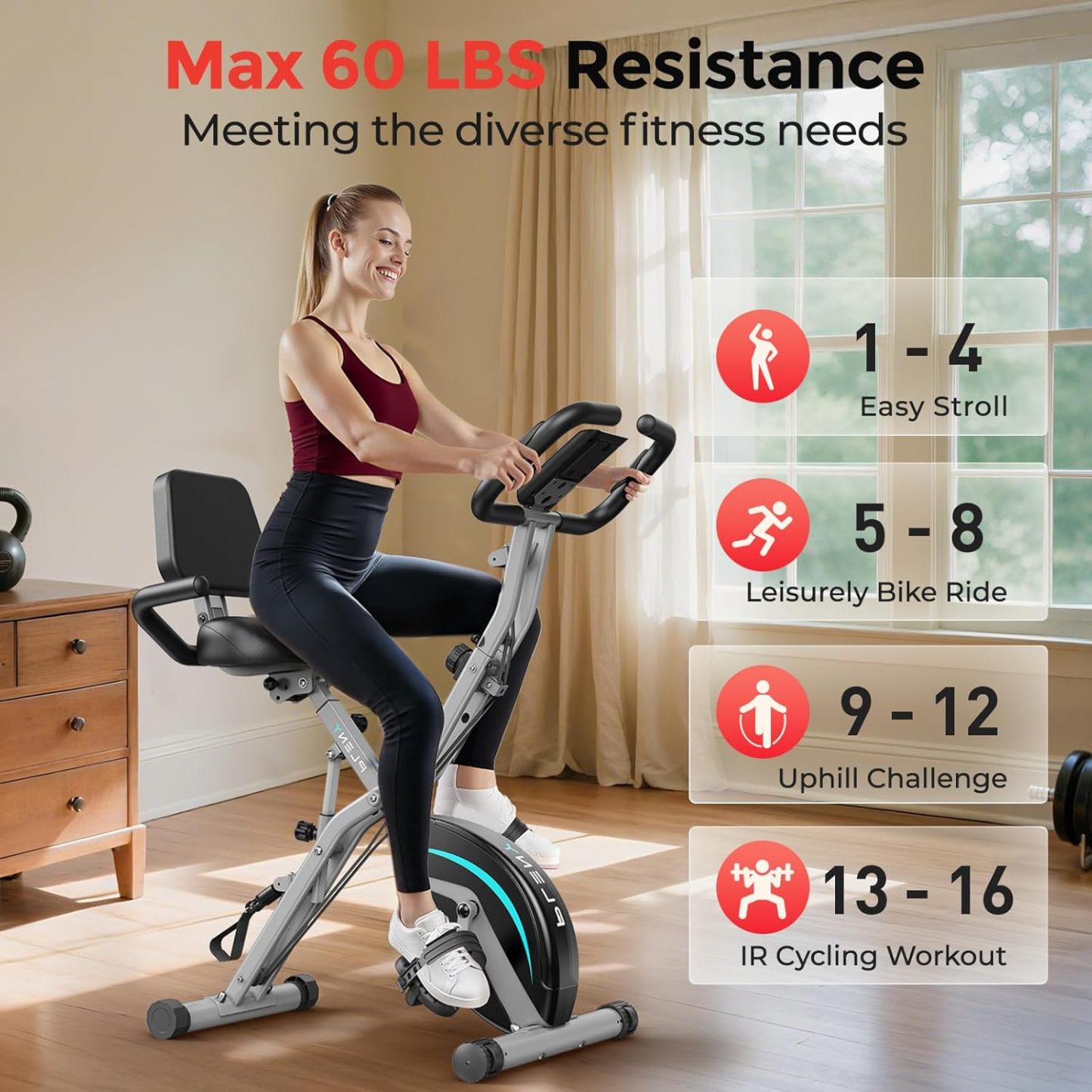 Pleny Folding Exercise Bike, 5 IN 1 Stationary Bike 5.5 LBS Flywheel Exercise Bike, Indoor Workout Bike 330LB Weight Capacity Back Support Cushion for Home Gym Workout