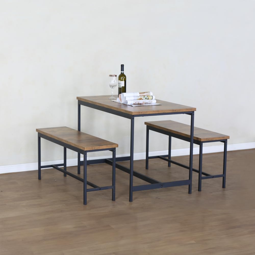 Juego de Comedor Industrial de Madera y Metal | Mesa con Sillas o Bancas | Set para 2 o 4 Personas (4 Sillas - Set para 4 Personas)