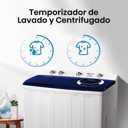 Hisense Lavadora doble tina WSA1604P, Semiautomática, 16 Kg, Temporizador de Lavado y Centrifugado, 88x52x99cm(AnchoxLargoxAlto), Blanco/Azul
