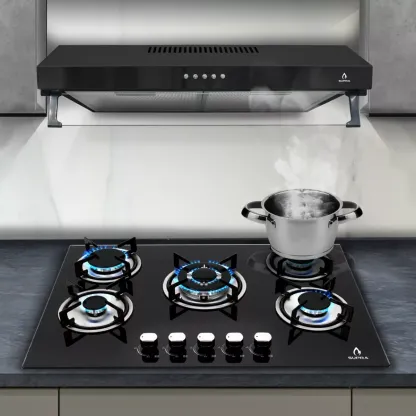 Combo Supra Parrilla Empotrable A Gas Y Campana De Pared Color Negro