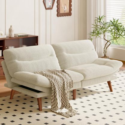 AMADA Sofá Cama Futón Convertible de 66", Juego de Futón Plegable de Pana con Respaldo y Reposabrazos Ajustables, Sillón Reclinable para Sala de Estar, Departamento u Oficina, Marco de Madera Sólida