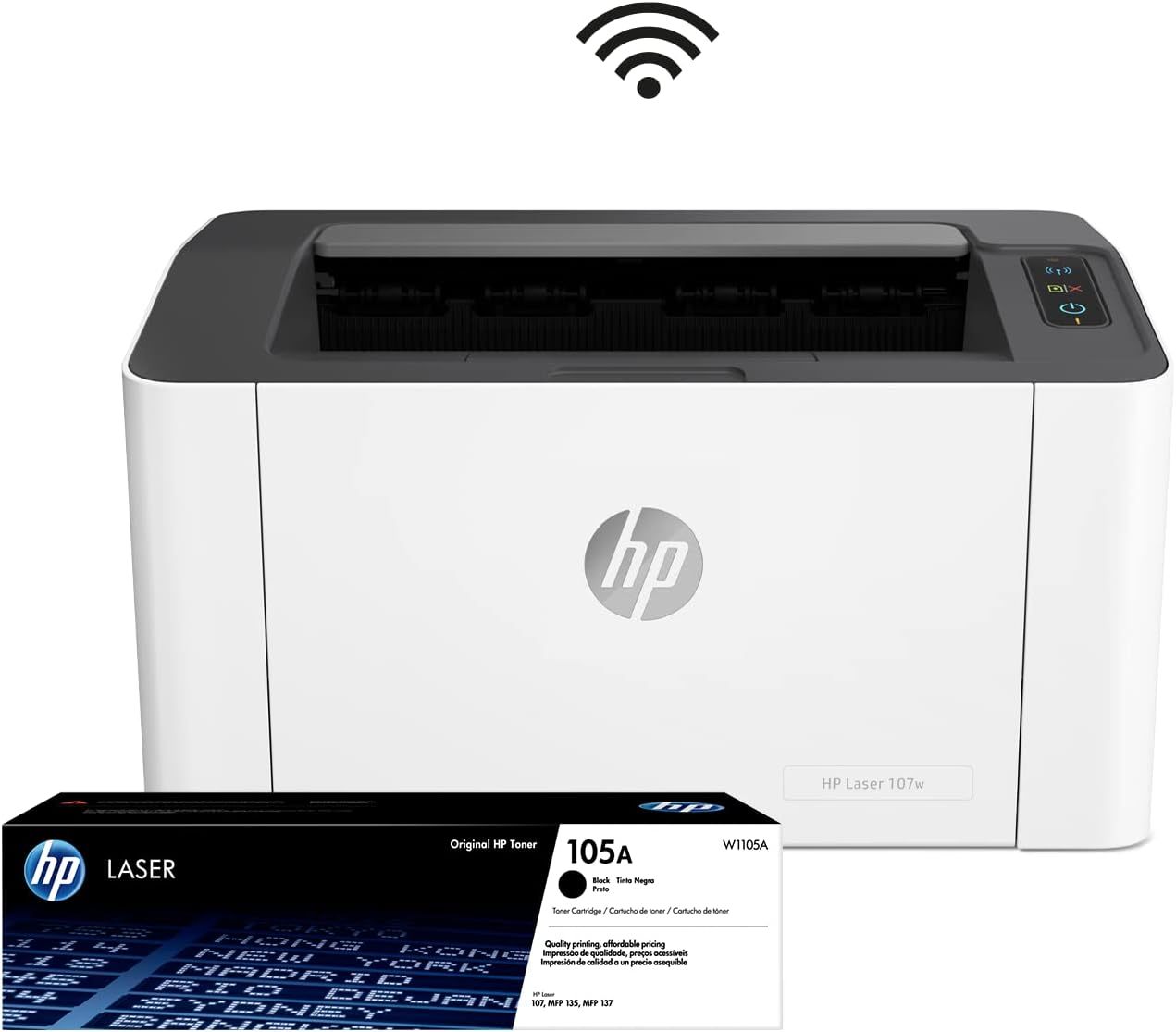 HP Impresora Laser 107w, Láser, Impresión en Negro, Wi-Fi, USB, Impresión y escanéo desde HP Smart App, Apple Air Print, Bandeja de 150 hojas, Pantalla LED (4ZB78A)