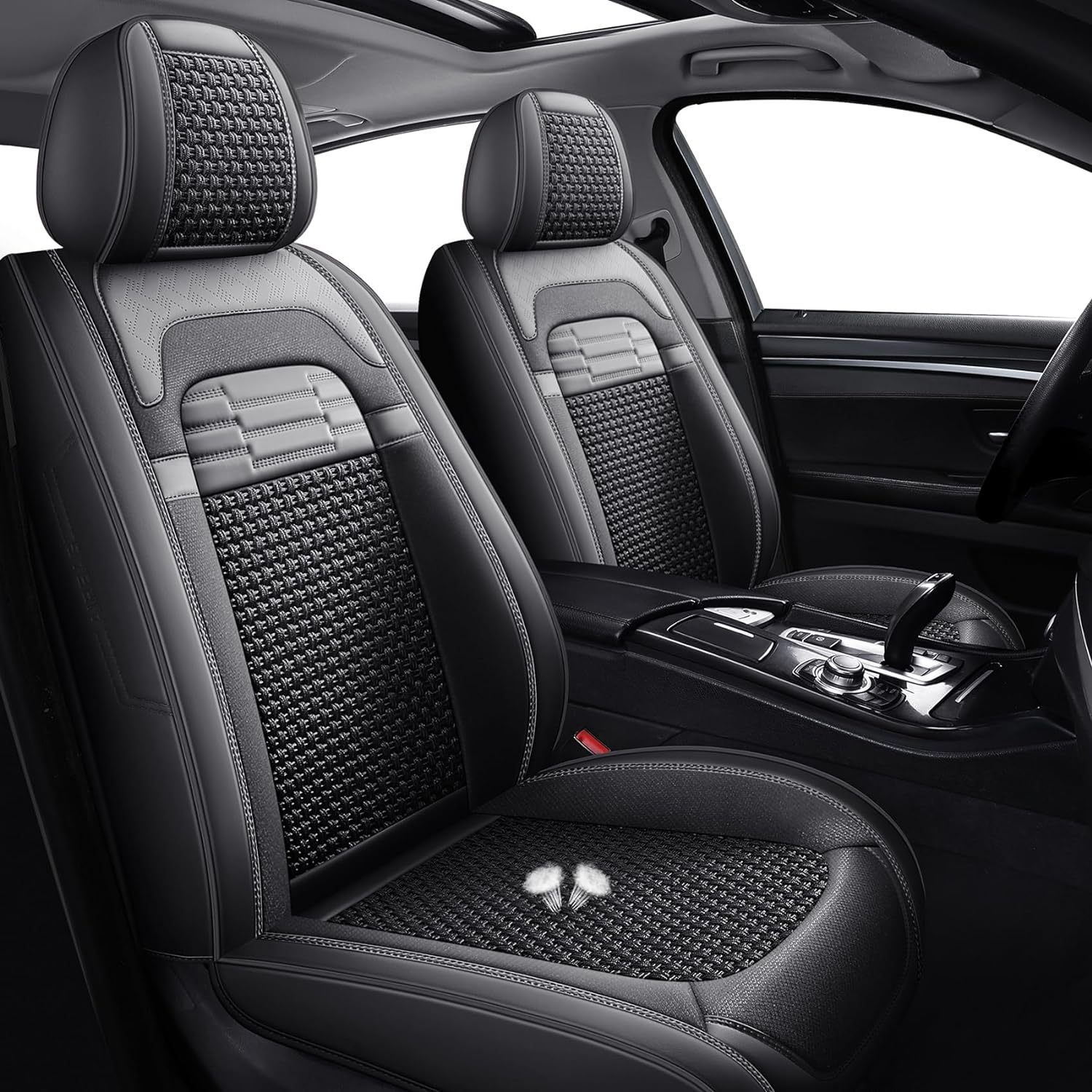 hikeaglauto Juego completo de fundas de asiento de coche, de piel sintética para autos, SUV, súper transpirables, universales, para la mayoría de los sedanes (juego completo, negro)