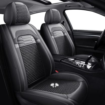 hikeaglauto Juego completo de fundas de asiento de coche, de piel sintética para autos, SUV, súper transpirables, universales, para la mayoría de los sedanes (juego completo, negro)