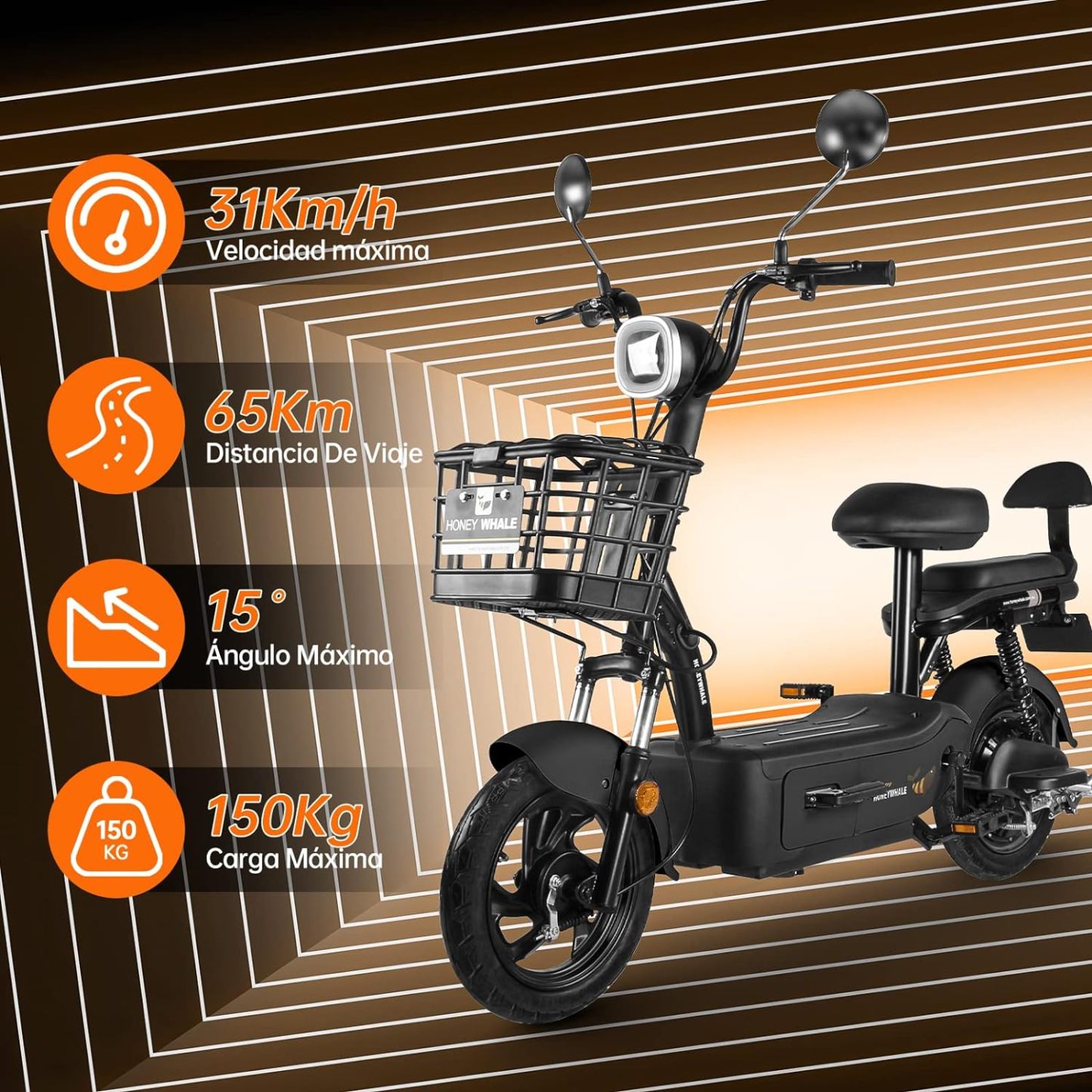 HONEYWHALE U1s Bicicleta Electrica para Adultos, Bicimoto Eléctrica con Alarma, Máxima del Motor 650W, Velocidad Máxima 31KM/H, Autonomía 60-65KM, Baterías de Gran Capacidad de 20AH, Dos Asientos