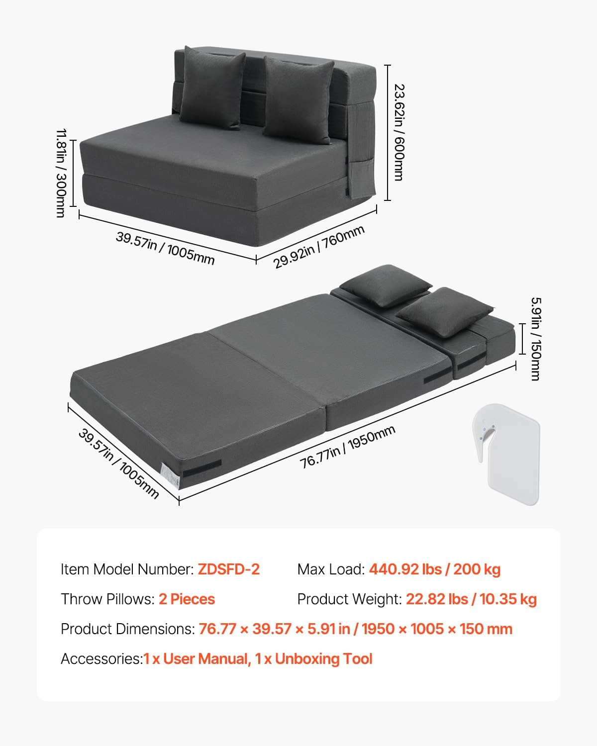 VEVOR - Sofá Cama Plegable 3 en 1 con 2 Almohadas y Funda Lavable, 25D de Espuma viscoelástica Convertible de Alta Densidad, sofá de futón para Sala de Estar, recámara, Gris Oscuro (Individual)